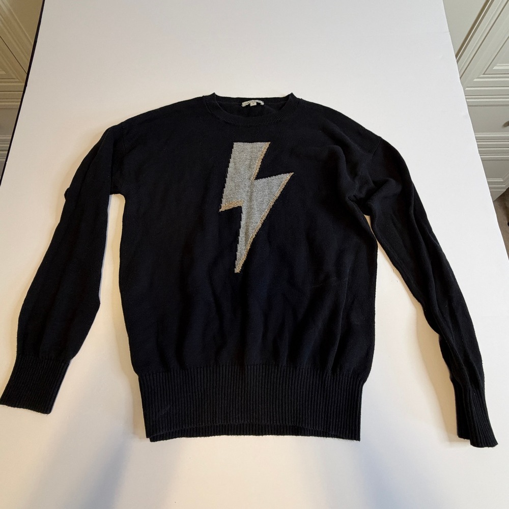 Jamison Black Lightning Bolt Intarsia Crewneck Sweater Silver Gold Size M